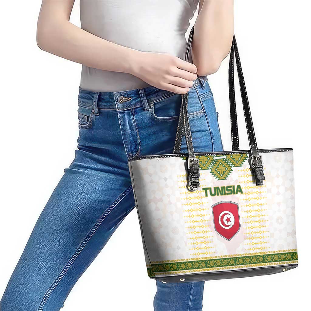 Tunisia Flag Traditional Tribal Pattern Green and White Pullover Leather Tote Bag with National Crest and Emblem