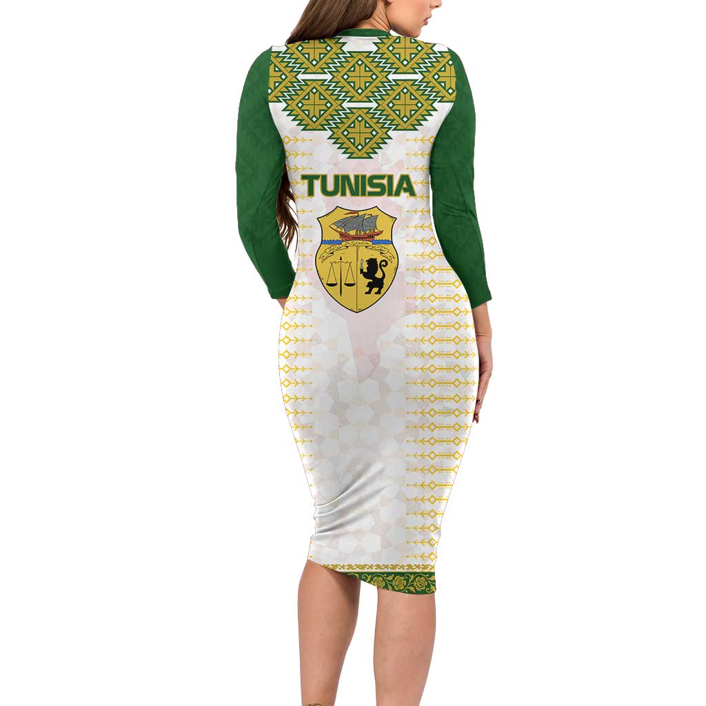 Tunisia Flag Traditional Tribal Pattern Green and White Pullover Long Sleeve Bodycon Dress with National Crest and Emblem
