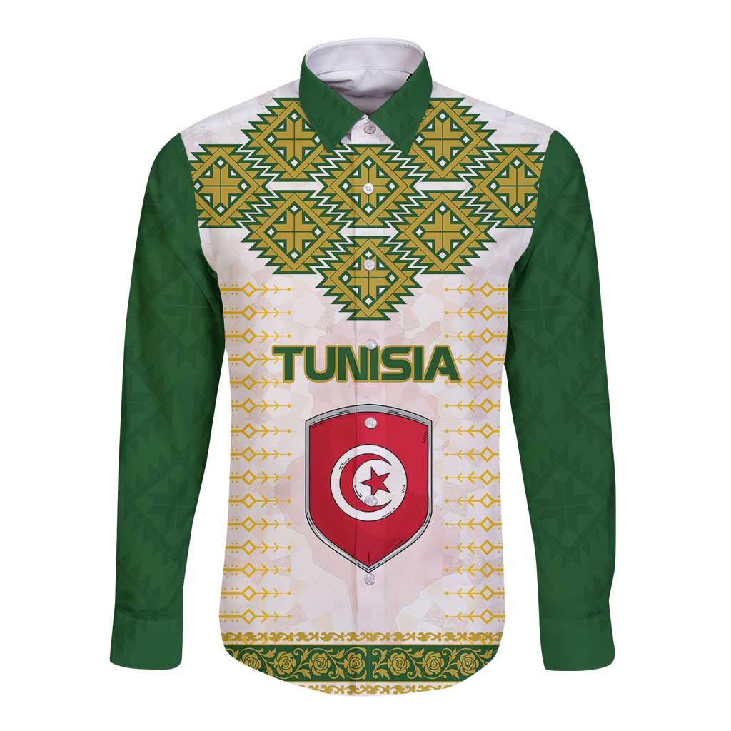 Tunisia Flag Traditional Tribal Pattern Green and White Pullover Long Sleeve Button Shirt with National Crest and Emblem