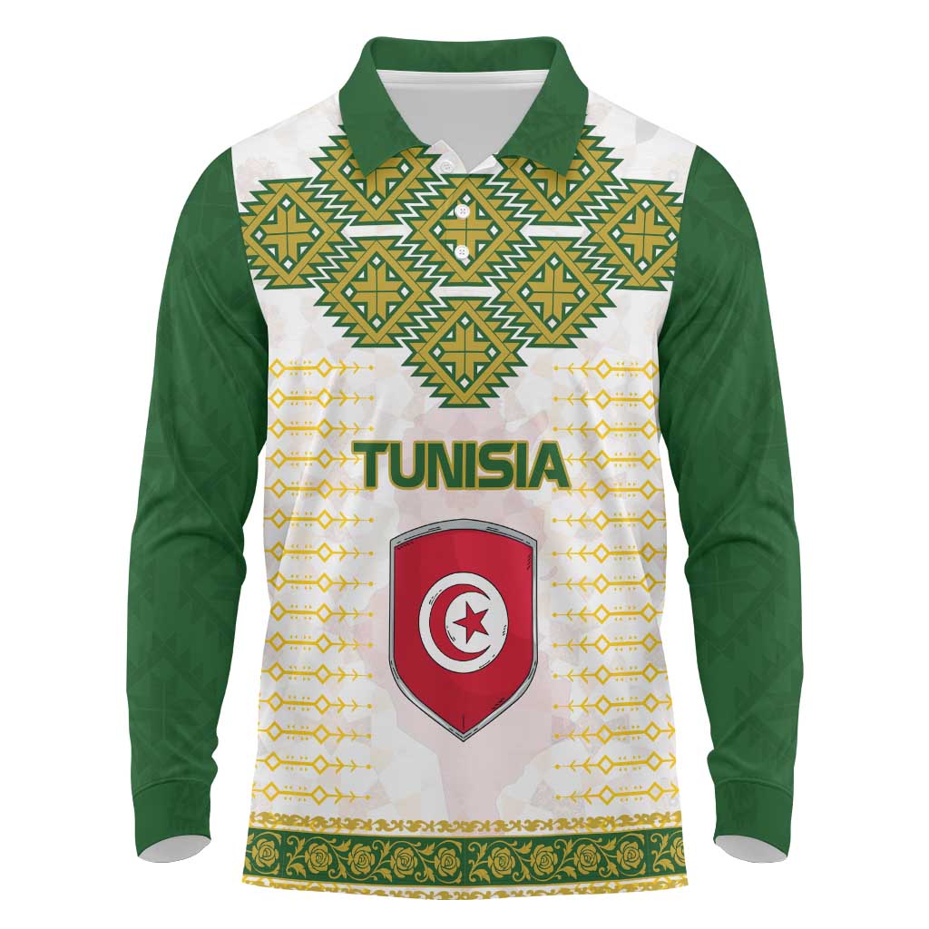 Tunisia Flag Traditional Tribal Pattern Green and White Pullover Long Sleeve Polo Shirt with National Crest and Emblem