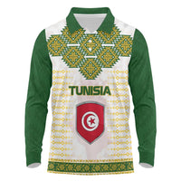 Tunisia Flag Traditional Tribal Pattern Green and White Pullover Long Sleeve Polo Shirt with National Crest and Emblem