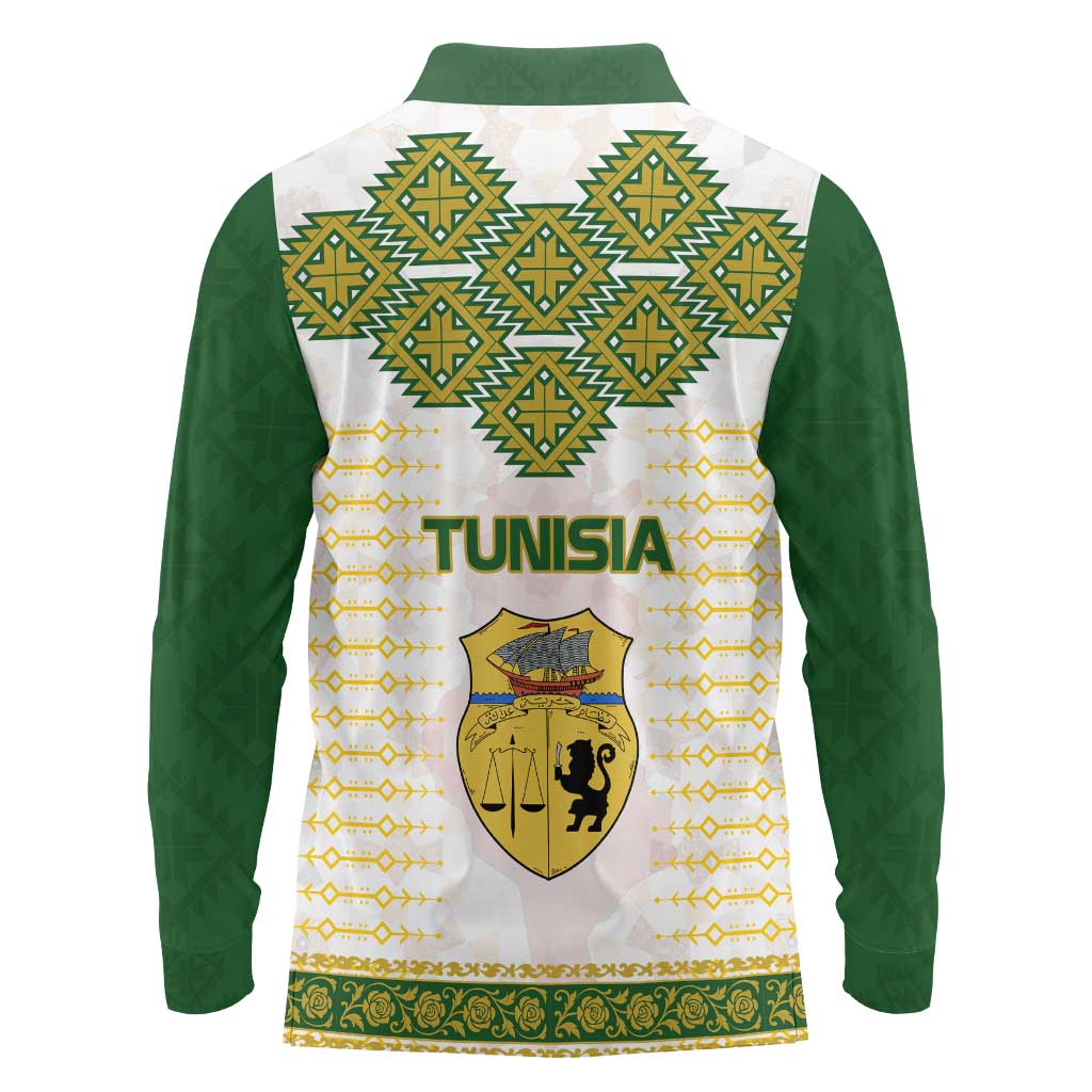 Tunisia Flag Traditional Tribal Pattern Green and White Pullover Long Sleeve Polo Shirt with National Crest and Emblem