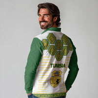 Tunisia Flag Traditional Tribal Pattern Green and White Pullover Long Sleeve Polo Shirt with National Crest and Emblem