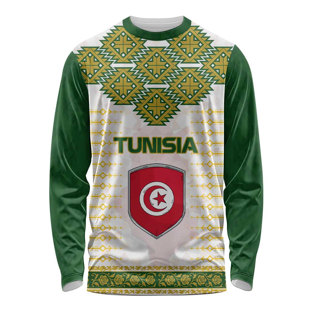 Tunisia Flag Traditional Tribal Pattern Green and White Pullover Long Sleeve Shirt with National Crest and Emblem