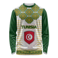 Tunisia Flag Traditional Tribal Pattern Green and White Pullover Long Sleeve Shirt with National Crest and Emblem
