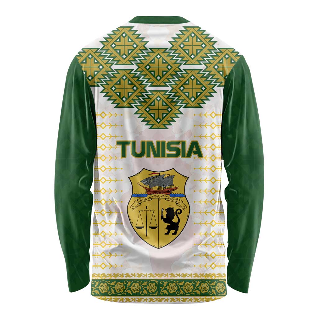 Tunisia Flag Traditional Tribal Pattern Green and White Pullover Long Sleeve Shirt with National Crest and Emblem