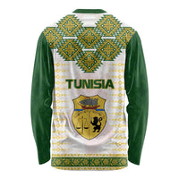 Tunisia Flag Traditional Tribal Pattern Green and White Pullover Long Sleeve Shirt with National Crest and Emblem