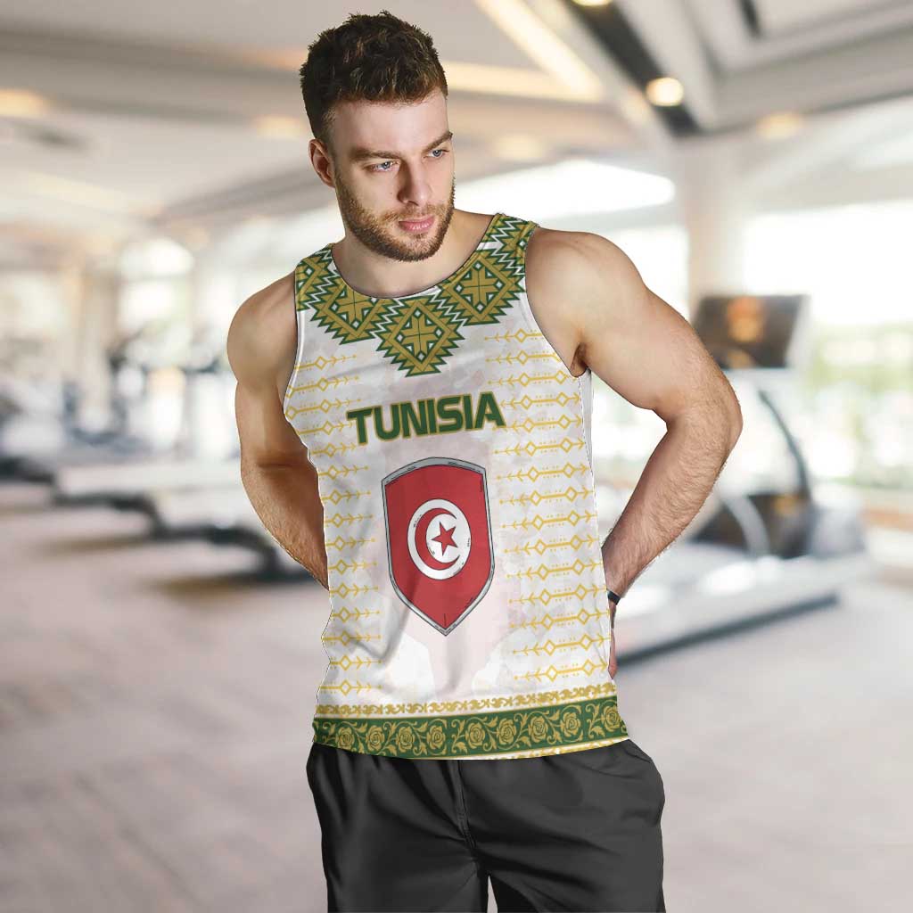 Tunisia Flag Traditional Tribal Pattern Green and White Pullover Men Tank Top with National Crest and Emblem
