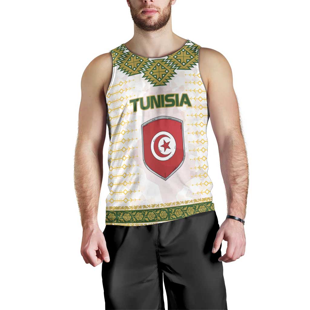 Tunisia Flag Traditional Tribal Pattern Green and White Pullover Men Tank Top with National Crest and Emblem
