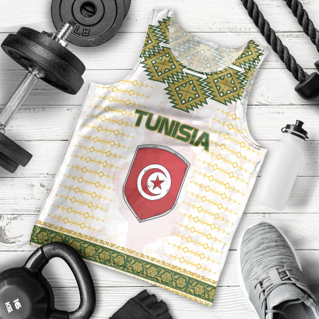 Tunisia Flag Traditional Tribal Pattern Green and White Pullover Men Tank Top with National Crest and Emblem