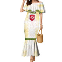 Tunisia Flag Traditional Tribal Pattern Green and White Pullover Mermaid Dress with National Crest and Emblem