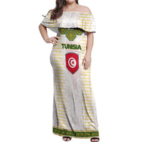 Tunisia Flag Traditional Tribal Pattern Green and White Pullover Off Shoulder Maxi Dress with National Crest and Emblem