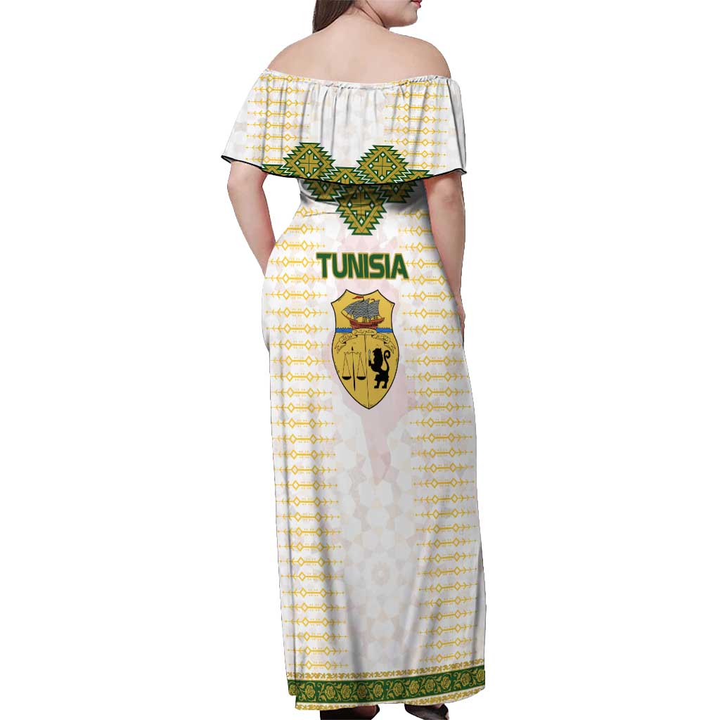 Tunisia Flag Traditional Tribal Pattern Green and White Pullover Off Shoulder Maxi Dress with National Crest and Emblem