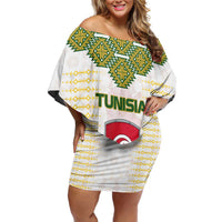 Tunisia Flag Traditional Tribal Pattern Green and White Pullover Off Shoulder Short Dress with National Crest and Emblem