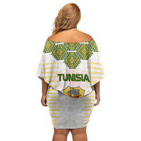 Tunisia Flag Traditional Tribal Pattern Green and White Pullover Off Shoulder Short Dress with National Crest and Emblem