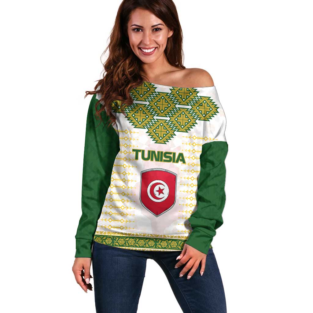 Tunisia Flag Traditional Tribal Pattern Green and White Pullover Off Shoulder Sweater with National Crest and Emblem