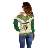 Tunisia Flag Traditional Tribal Pattern Green and White Pullover Off Shoulder Sweater with National Crest and Emblem