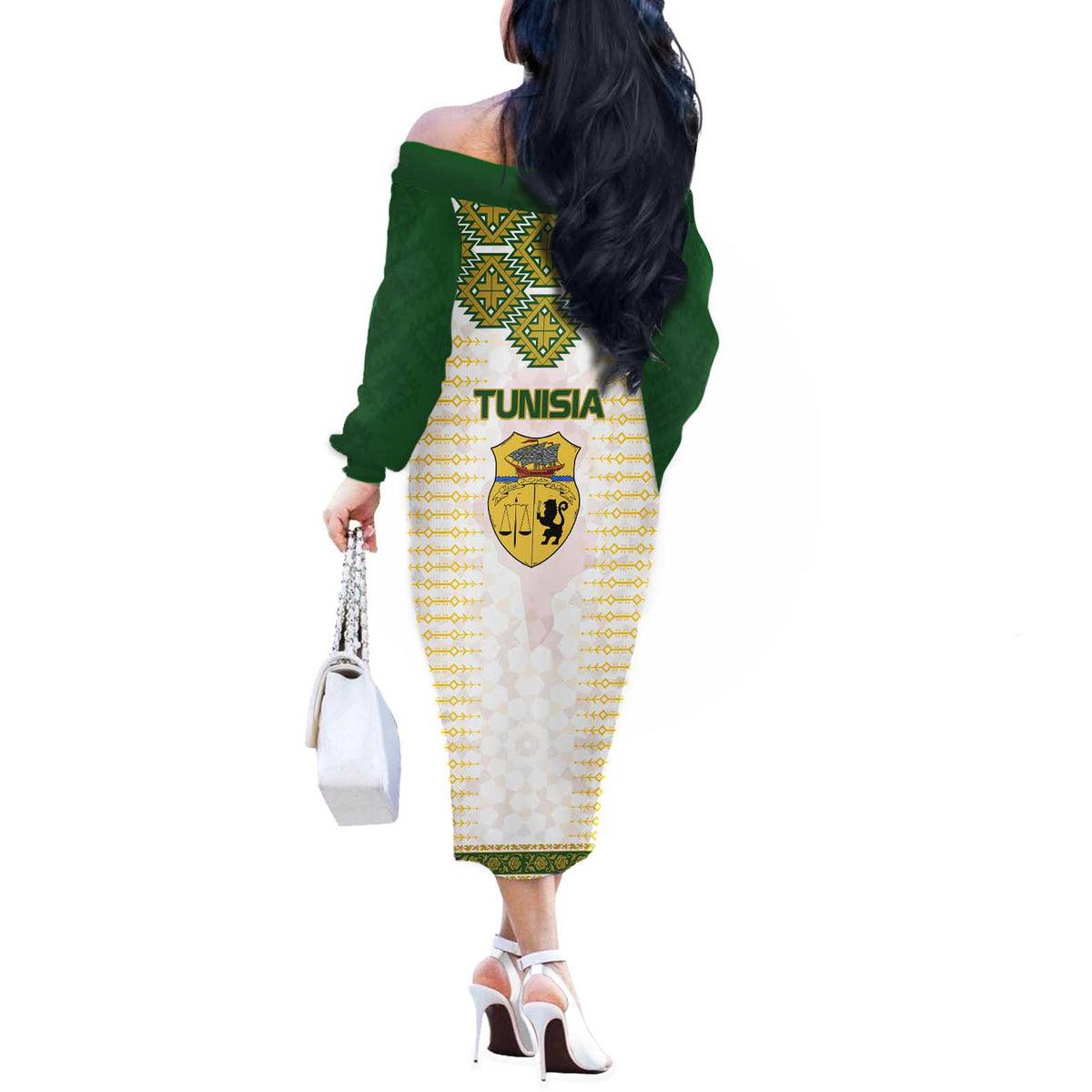 Tunisia Flag Traditional Tribal Pattern Green and White Pullover Off The Shoulder Long Sleeve Dress with National Crest and Emblem