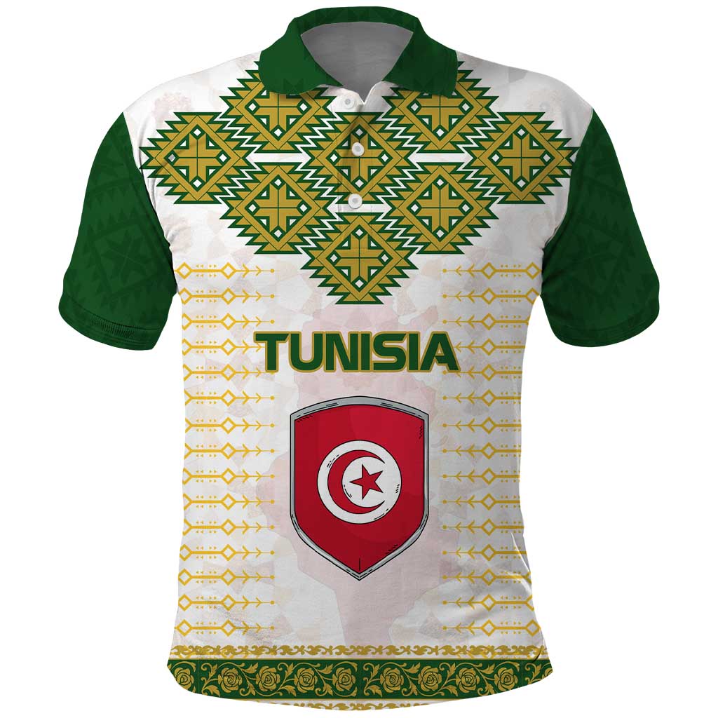 Tunisia Flag Traditional Tribal Pattern Green and White Pullover Polo Shirt with National Crest and Emblem