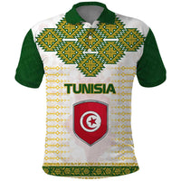 Tunisia Flag Traditional Tribal Pattern Green and White Pullover Polo Shirt with National Crest and Emblem