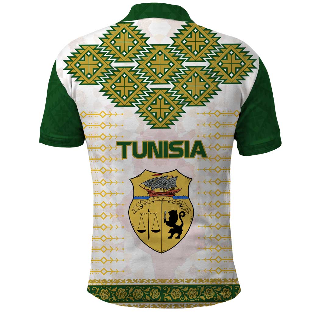 Tunisia Flag Traditional Tribal Pattern Green and White Pullover Polo Shirt with National Crest and Emblem