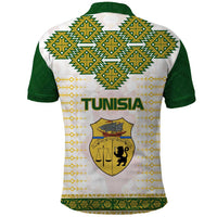 Tunisia Flag Traditional Tribal Pattern Green and White Pullover Polo Shirt with National Crest and Emblem