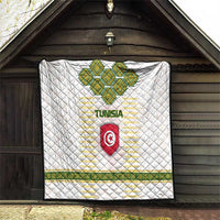 Tunisia Flag Traditional Tribal Pattern Green and White Pullover Quilt with National Crest and Emblem