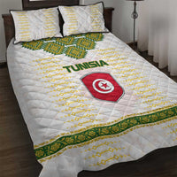 Tunisia Flag Traditional Tribal Pattern Green and White Pullover Quilt Bed Set with National Crest and Emblem