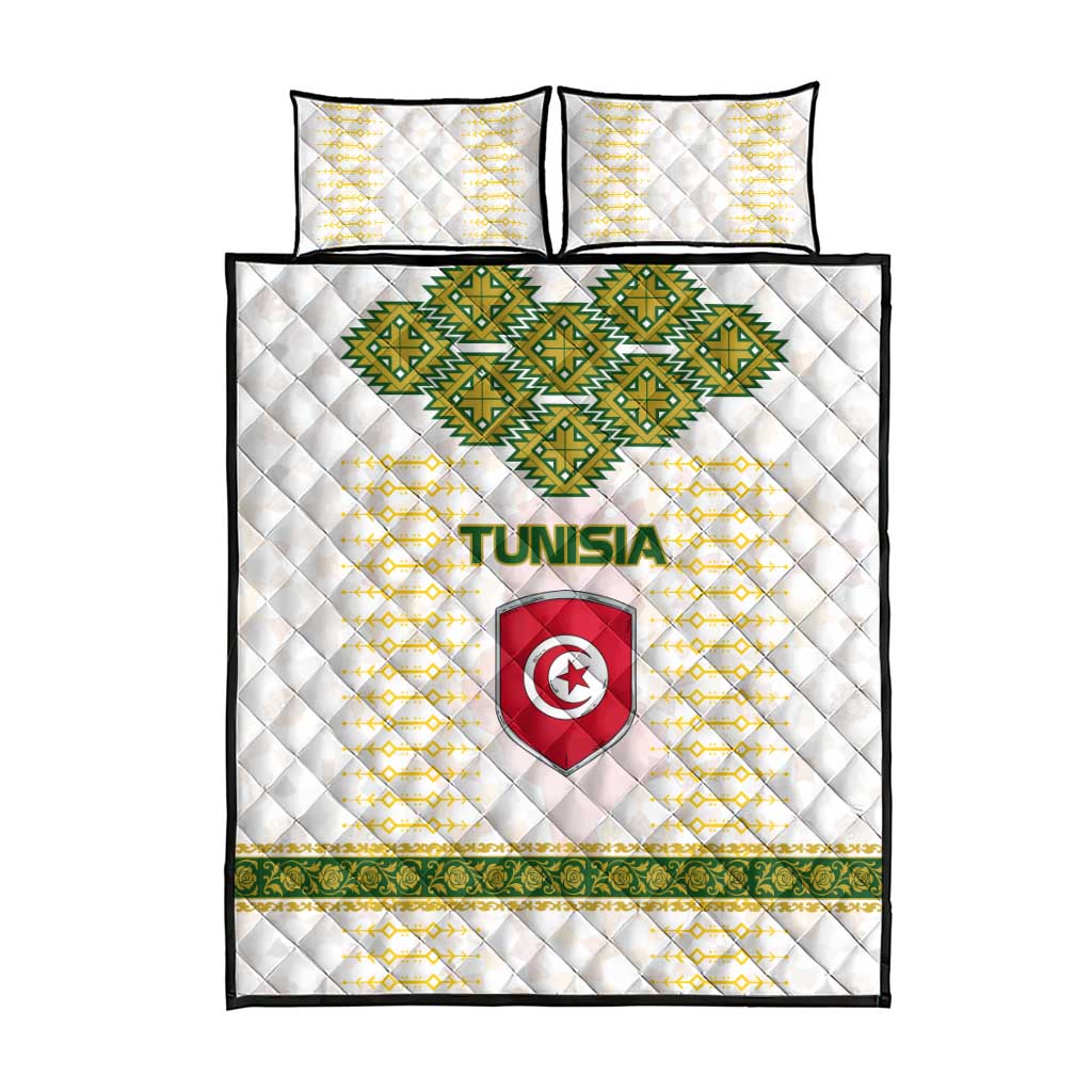 Tunisia Flag Traditional Tribal Pattern Green and White Pullover Quilt Bed Set with National Crest and Emblem