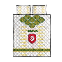 Tunisia Flag Traditional Tribal Pattern Green and White Pullover Quilt Bed Set with National Crest and Emblem