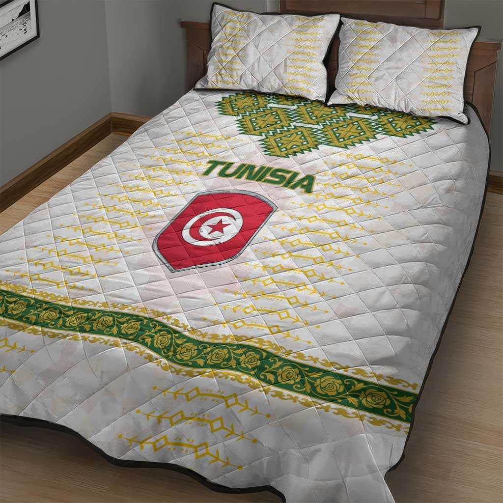 Tunisia Flag Traditional Tribal Pattern Green and White Pullover Quilt Bed Set with National Crest and Emblem