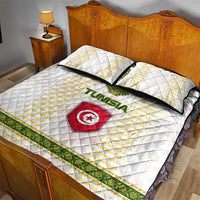 Tunisia Flag Traditional Tribal Pattern Green and White Pullover Quilt Bed Set with National Crest and Emblem
