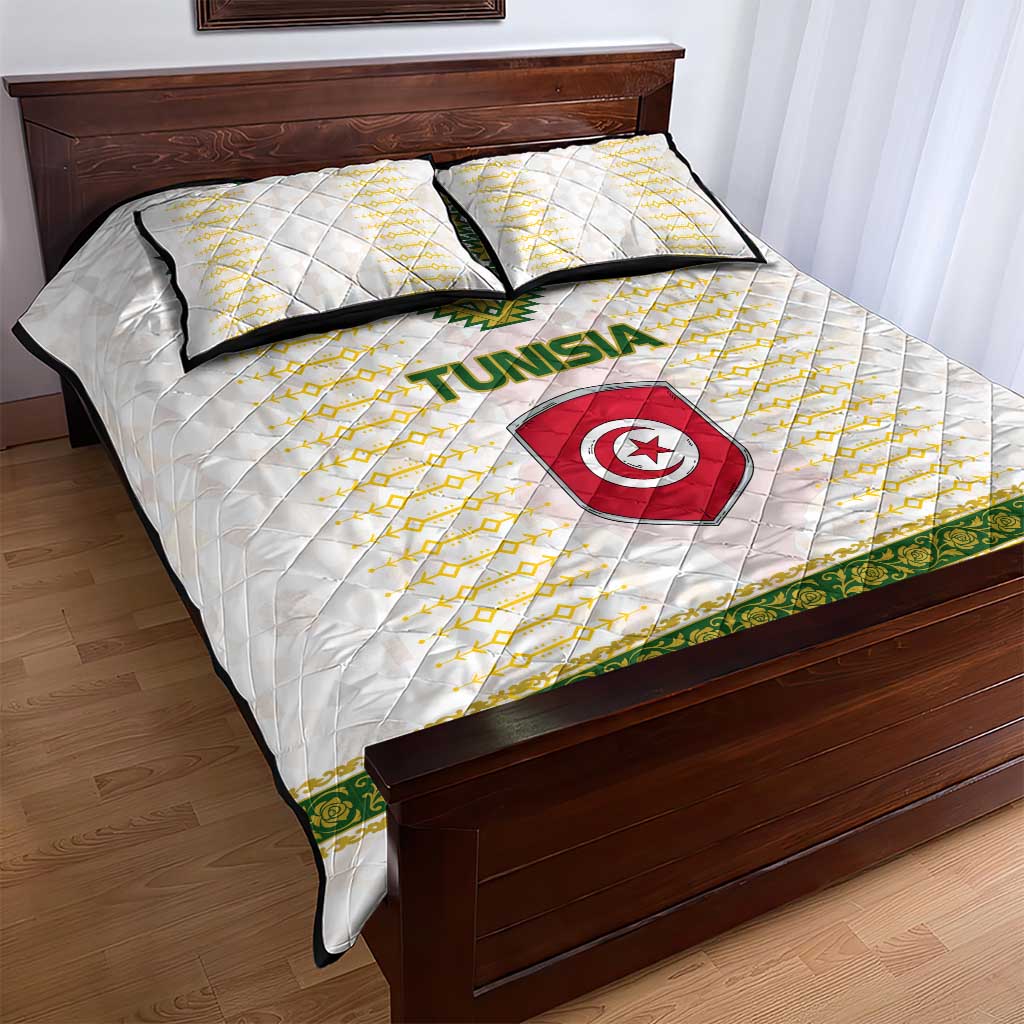 Tunisia Flag Traditional Tribal Pattern Green and White Pullover Quilt Bed Set with National Crest and Emblem