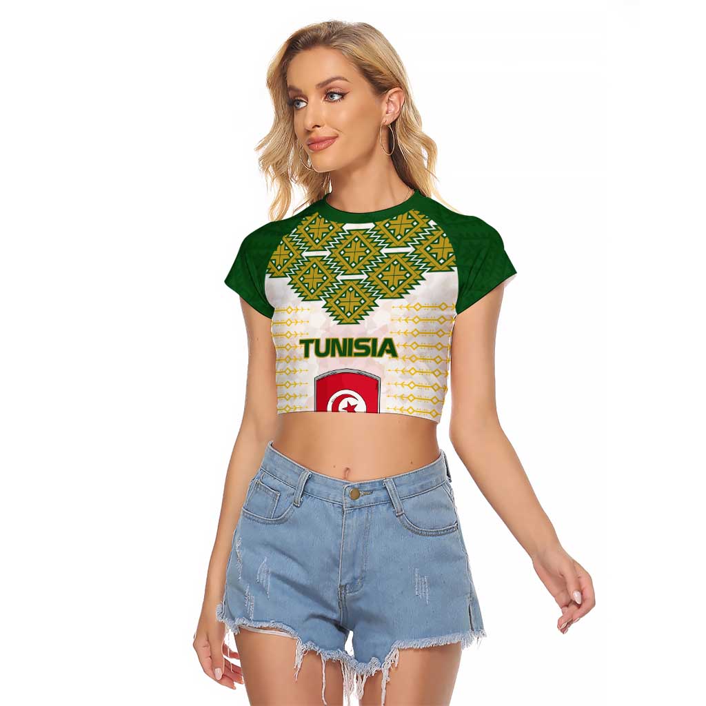 Tunisia Flag Traditional Tribal Pattern Green and White Pullover Raglan Cropped T Shirt with National Crest and Emblem
