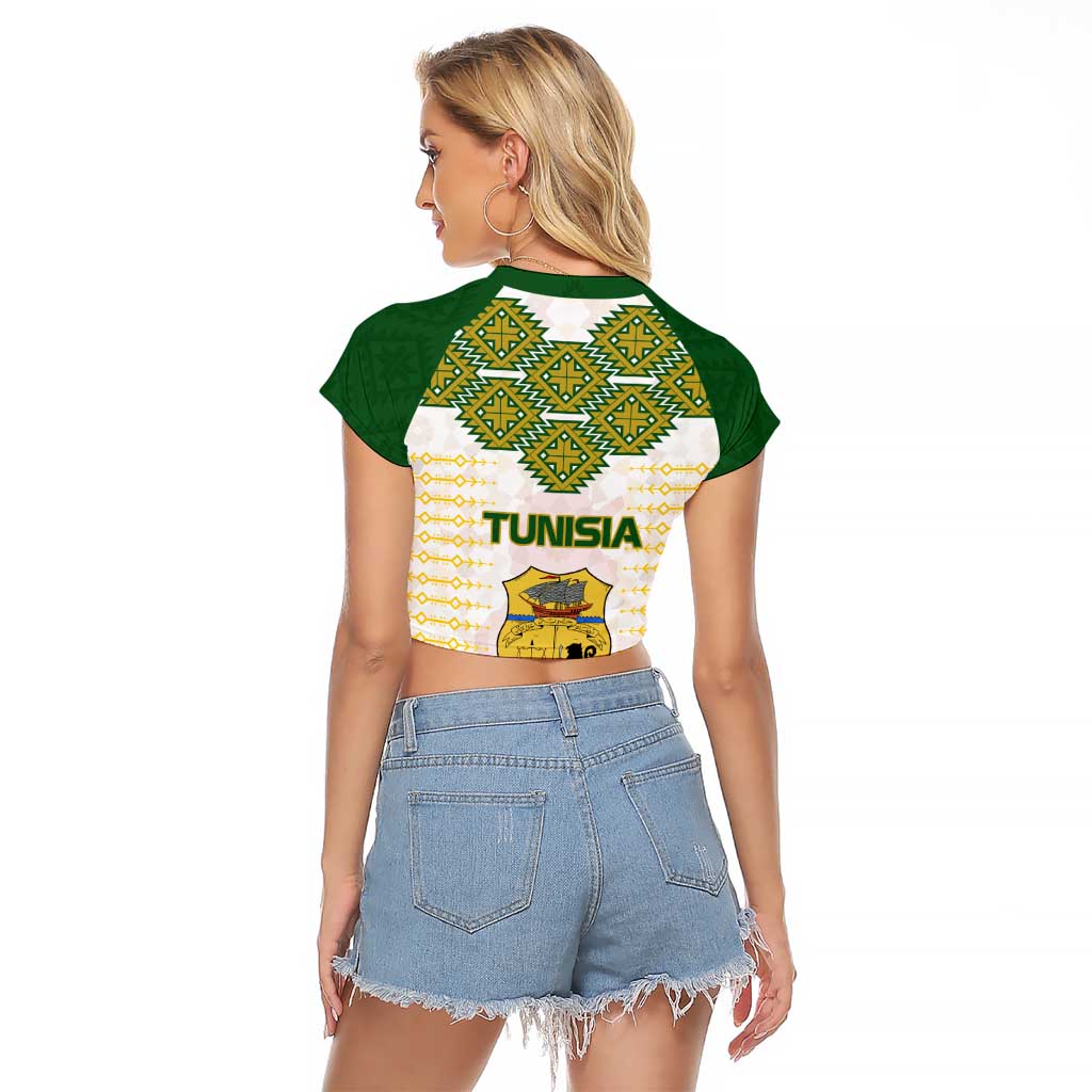 Tunisia Flag Traditional Tribal Pattern Green and White Pullover Raglan Cropped T Shirt with National Crest and Emblem