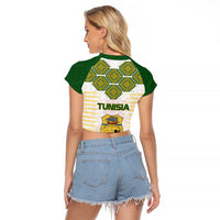 Tunisia Flag Traditional Tribal Pattern Green and White Pullover Raglan Cropped T Shirt with National Crest and Emblem