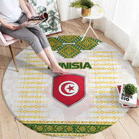 Tunisia Flag Traditional Tribal Pattern Green and White Pullover Round Carpet with National Crest and Emblem