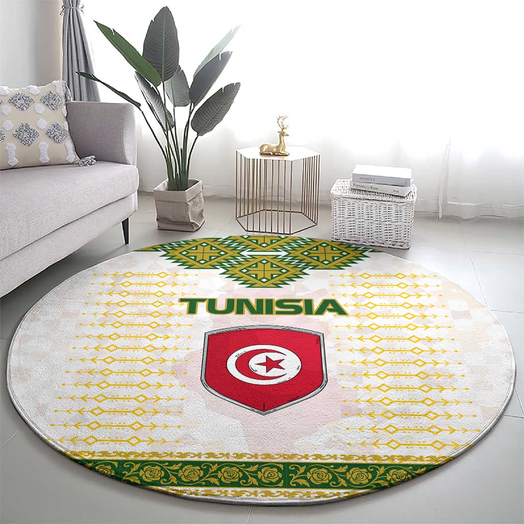 Tunisia Flag Traditional Tribal Pattern Green and White Pullover Round Carpet with National Crest and Emblem