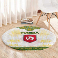 Tunisia Flag Traditional Tribal Pattern Green and White Pullover Round Carpet with National Crest and Emblem