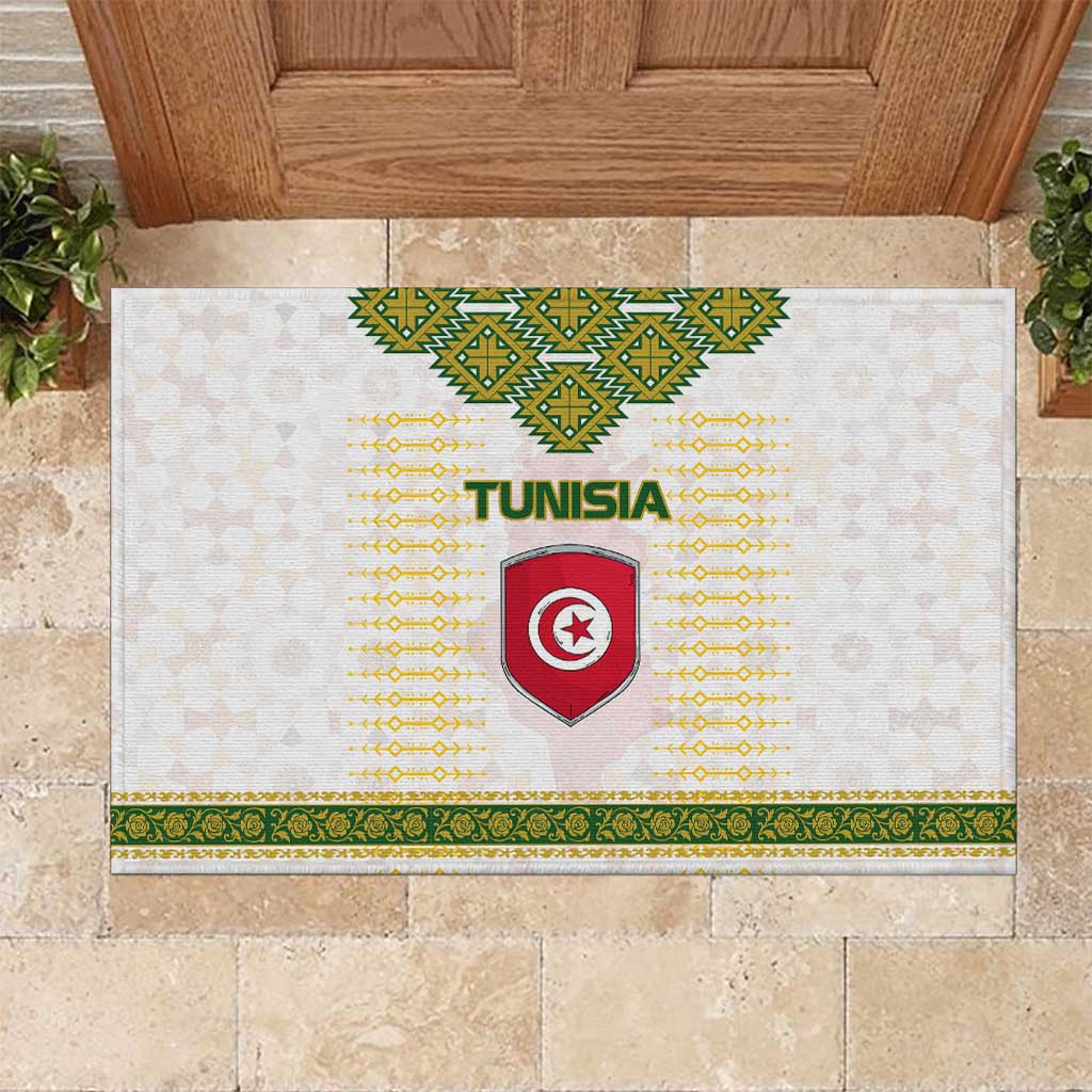 Tunisia Flag Traditional Tribal Pattern Green and White Pullover Rubber Doormat with National Crest and Emblem