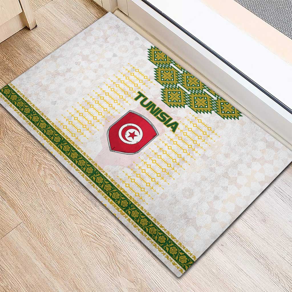 Tunisia Flag Traditional Tribal Pattern Green and White Pullover Rubber Doormat with National Crest and Emblem
