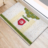 Tunisia Flag Traditional Tribal Pattern Green and White Pullover Rubber Doormat with National Crest and Emblem