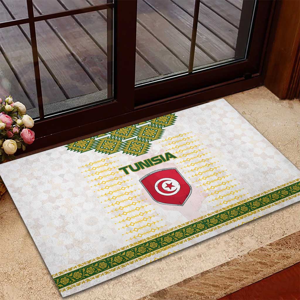 Tunisia Flag Traditional Tribal Pattern Green and White Pullover Rubber Doormat with National Crest and Emblem