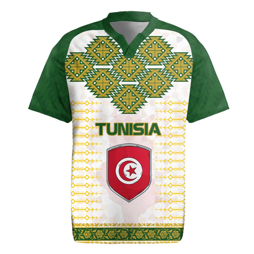 Tunisia Flag Traditional Tribal Pattern Green and White Pullover Rugby Jersey with National Crest and Emblem