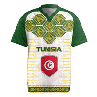 Tunisia Flag Traditional Tribal Pattern Green and White Pullover Rugby Jersey with National Crest and Emblem
