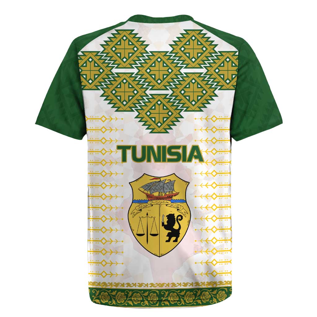 Tunisia Flag Traditional Tribal Pattern Green and White Pullover Rugby Jersey with National Crest and Emblem