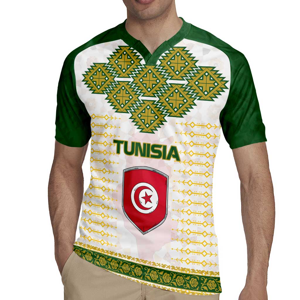 Tunisia Flag Traditional Tribal Pattern Green and White Pullover Rugby Jersey with National Crest and Emblem