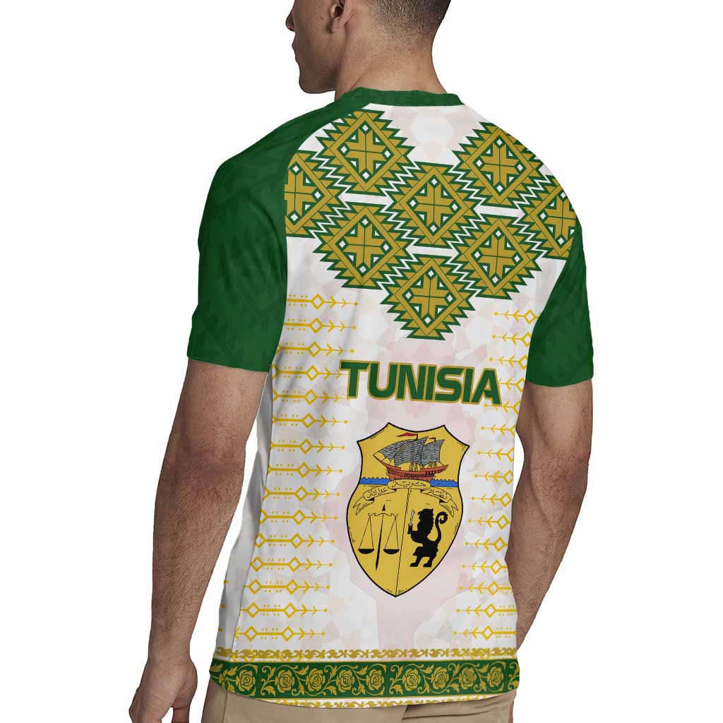 Tunisia Flag Traditional Tribal Pattern Green and White Pullover Rugby Jersey with National Crest and Emblem