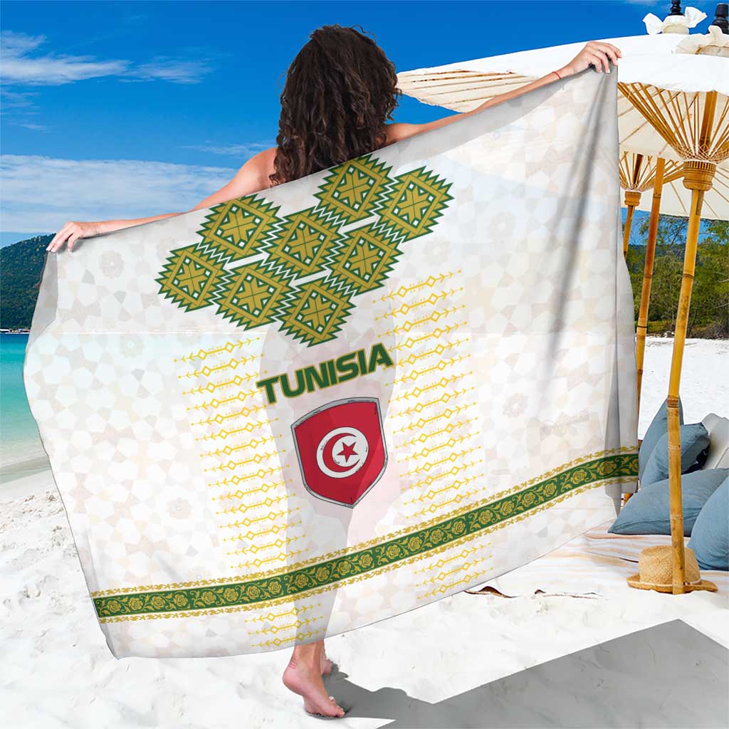 Tunisia Flag Traditional Tribal Pattern Green and White Pullover Sarong with National Crest and Emblem