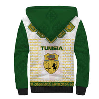 Tunisia Flag Traditional Tribal Pattern Green and White Pullover Sherpa Hoodie with National Crest and Emblem